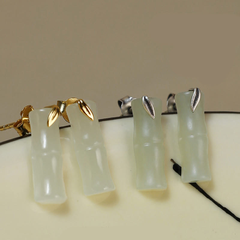 Wear FengShui Bamboo Hetian Jade 925 Sterling Silver Leaf Wealth Earrings