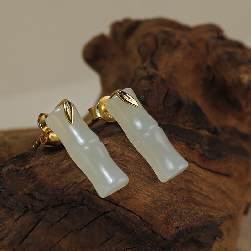 Wear FengShui Bamboo Hetian Jade 925 Sterling Silver Leaf Wealth Earrings