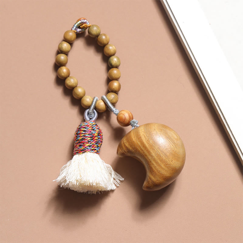 Wear FengShui Natural Green Sandalwood Colored Rope Tassels Star Moon Abundance Key Chain