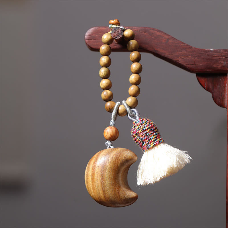 Wear FengShui Natural Green Sandalwood Colored Rope Tassels Star Moon Abundance Key Chain