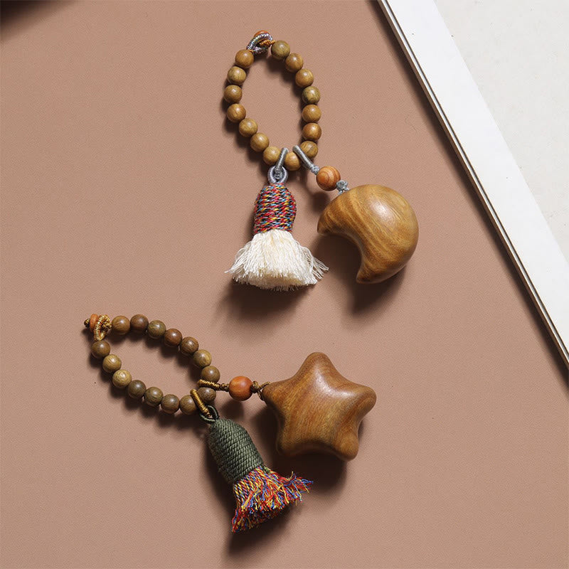 Wear FengShui Natural Green Sandalwood Colored Rope Tassels Star Moon Abundance Key Chain