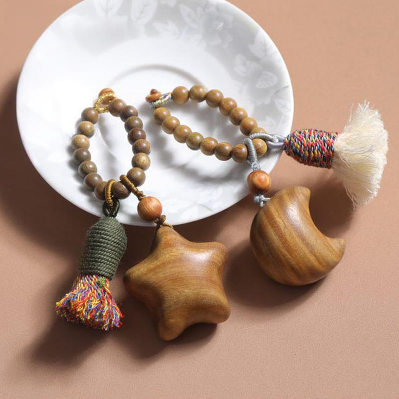 Wear FengShui Natural Green Sandalwood Colored Rope Tassels Star Moon Abundance Key Chain