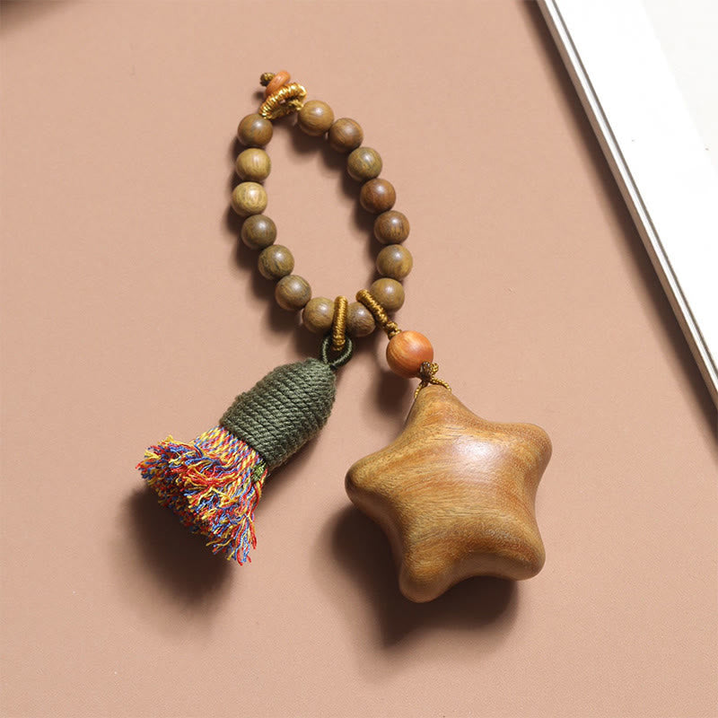 Wear FengShui Natural Green Sandalwood Colored Rope Tassels Star Moon Abundance Key Chain