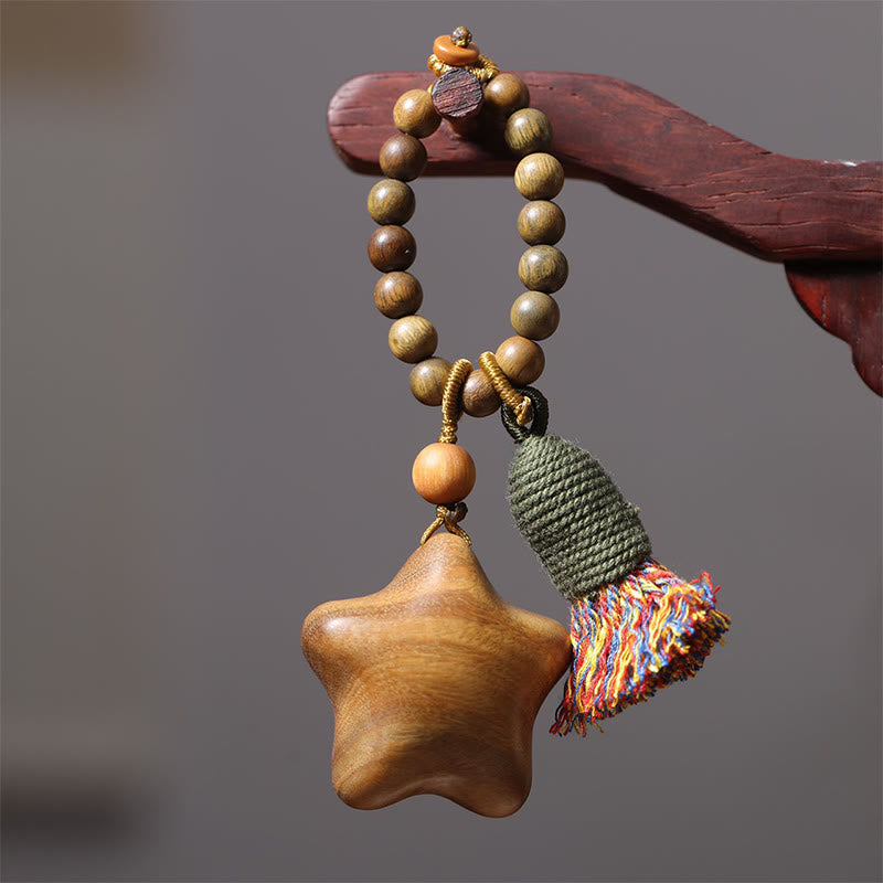 Wear FengShui Natural Green Sandalwood Colored Rope Tassels Star Moon Abundance Key Chain