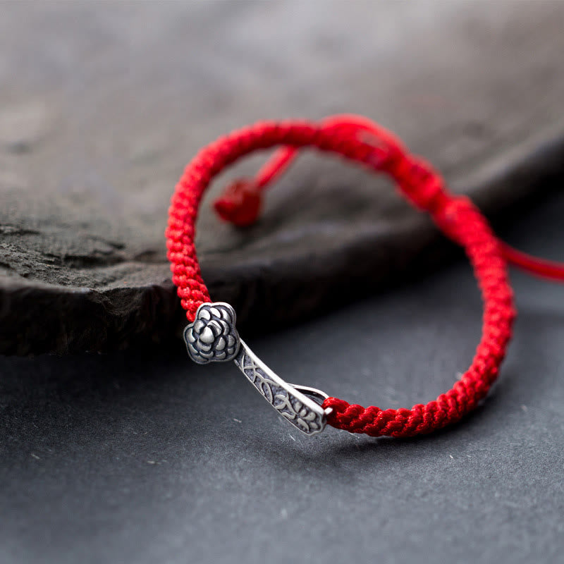 Wear FengShui Retro 925 Sterling Silver Ruyi As One Wishes Red String Braided Luck Bracelet