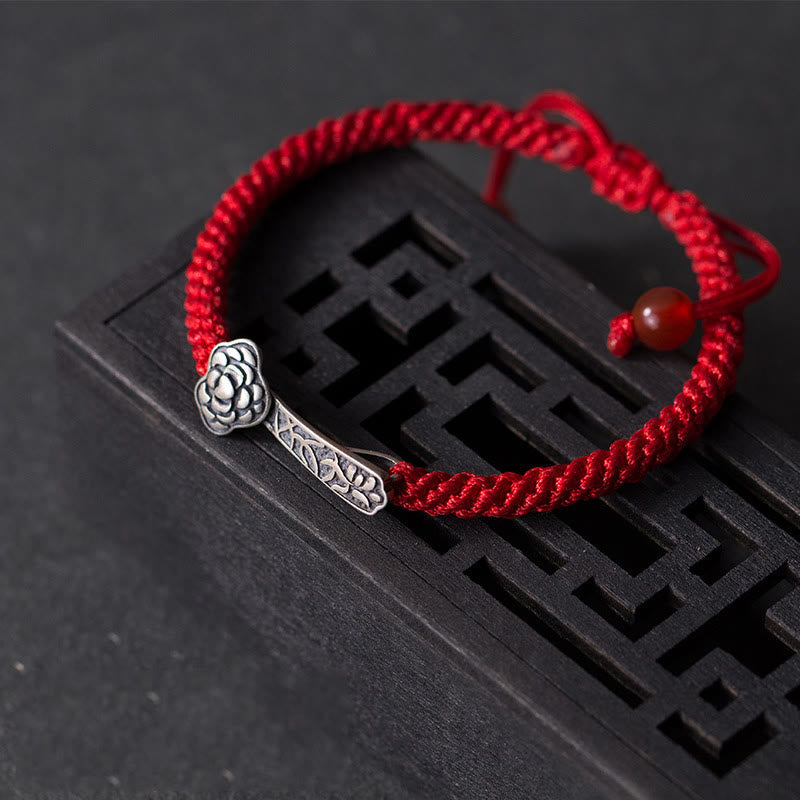 Wear FengShui Retro 925 Sterling Silver Ruyi As One Wishes Red String Braided Luck Bracelet