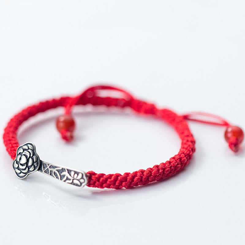 Wear FengShui Retro 925 Sterling Silver Ruyi As One Wishes Red String Braided Luck Bracelet