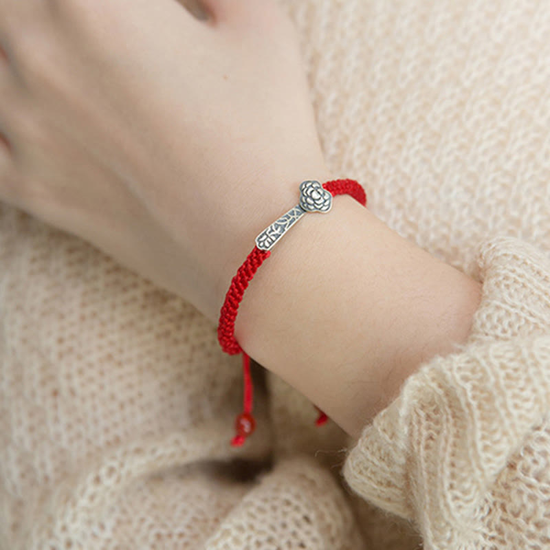 Wear FengShui Retro 925 Sterling Silver Ruyi As One Wishes Red String Braided Luck Bracelet