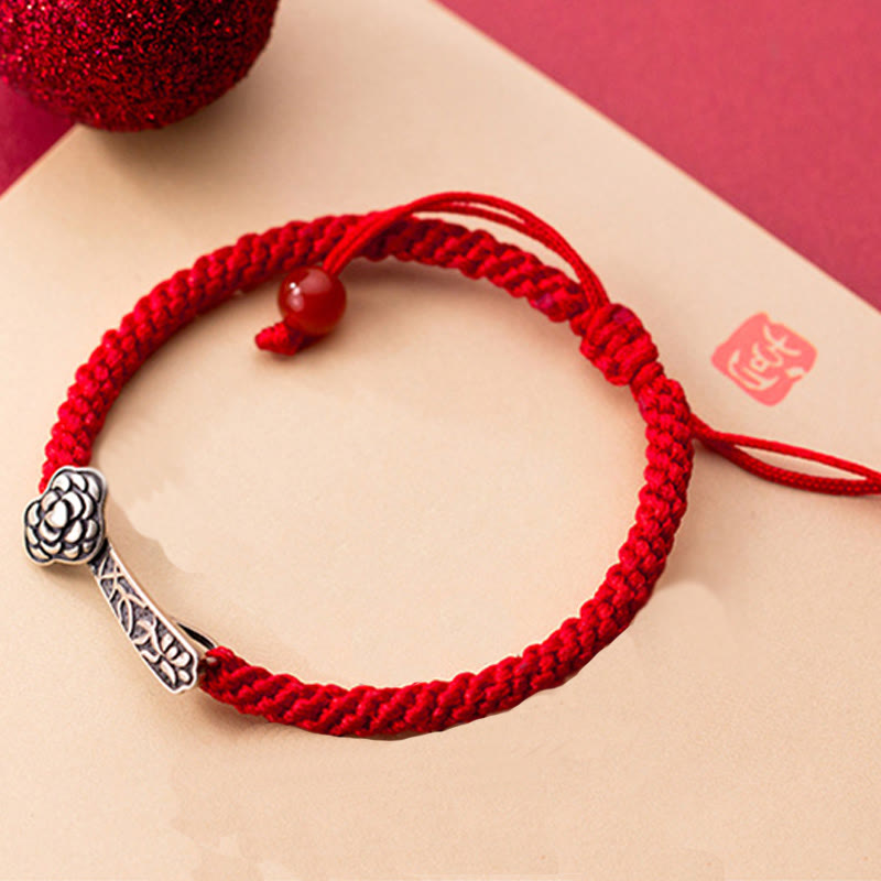 Wear FengShui Retro 925 Sterling Silver Ruyi As One Wishes Red String Braided Luck Bracelet