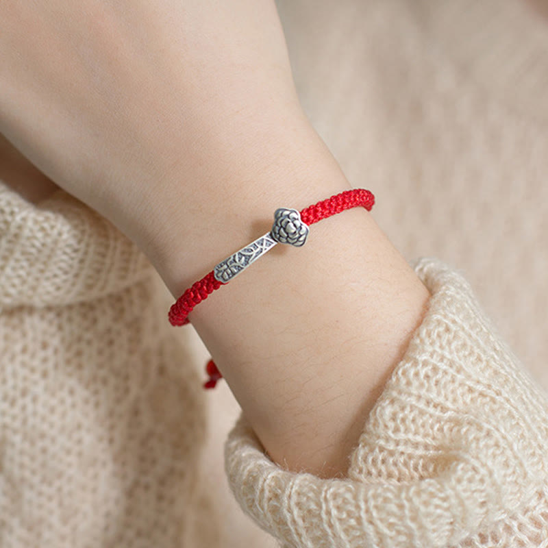 Wear FengShui Retro 925 Sterling Silver Ruyi As One Wishes Red String Braided Luck Bracelet