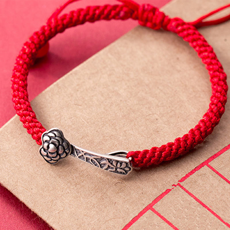 Wear FengShui Retro 925 Sterling Silver Ruyi As One Wishes Red String Braided Luck Bracelet