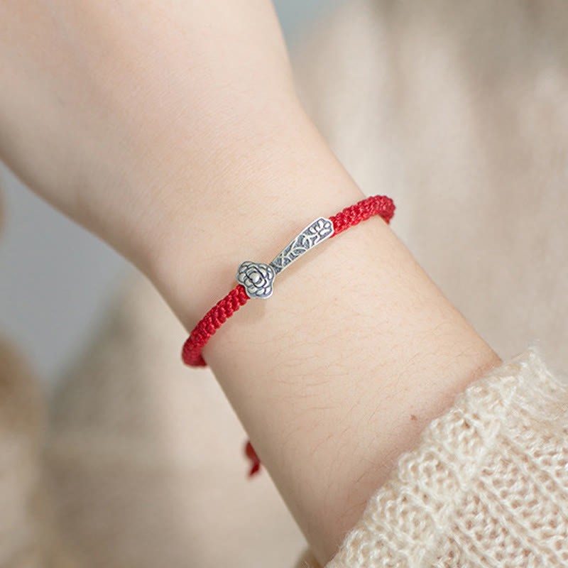 Wear FengShui Retro 925 Sterling Silver Ruyi As One Wishes Red String Braided Luck Bracelet