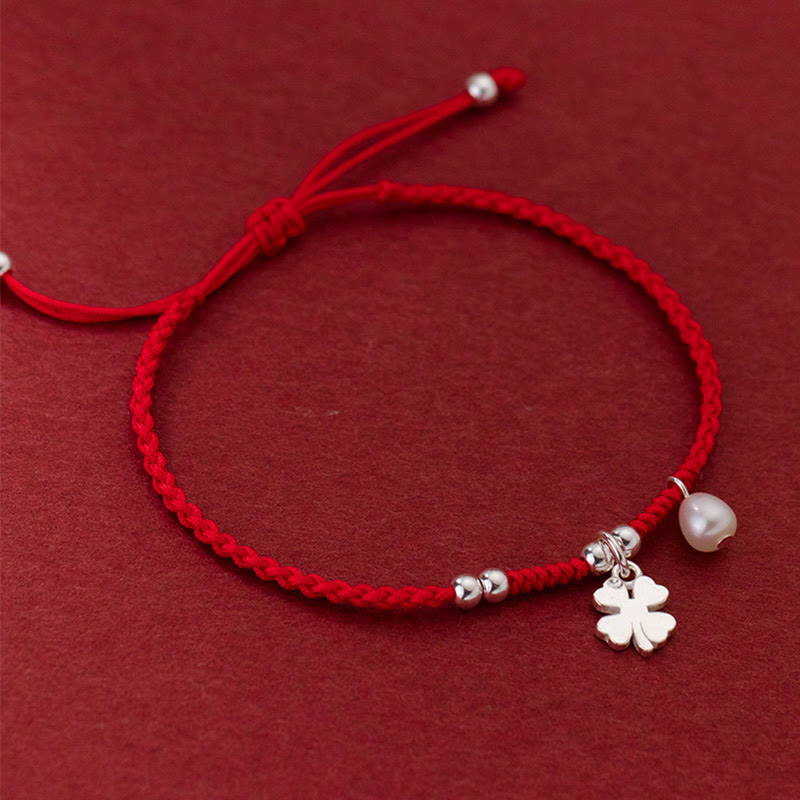 Wear FengShui Retro 925 Sterling Silver Four Leaf Clover Pearl Luck Red String Bracelet