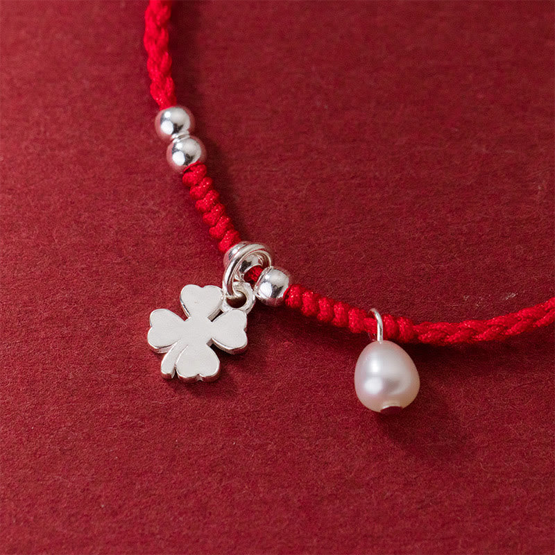 Wear FengShui Retro 925 Sterling Silver Four Leaf Clover Pearl Luck Red String Bracelet