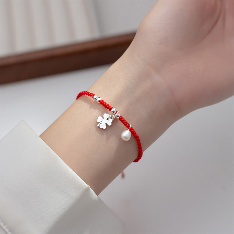 Wear FengShui Retro 925 Sterling Silver Four Leaf Clover Pearl Luck Red String Bracelet