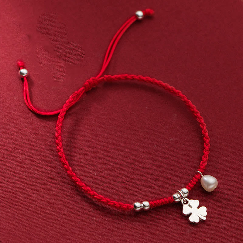 Wear FengShui Retro 925 Sterling Silver Four Leaf Clover Pearl Luck Red String Bracelet