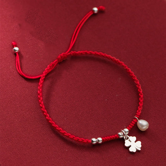 Wear FengShui Retro 925 Sterling Silver Four Leaf Clover Pearl Luck Red String Bracelet