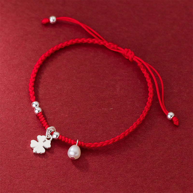 Wear FengShui Retro 925 Sterling Silver Four Leaf Clover Pearl Luck Red String Bracelet