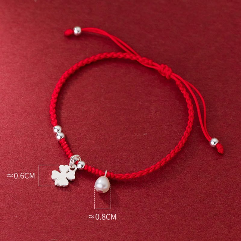 Wear FengShui Retro 925 Sterling Silver Four Leaf Clover Pearl Luck Red String Bracelet