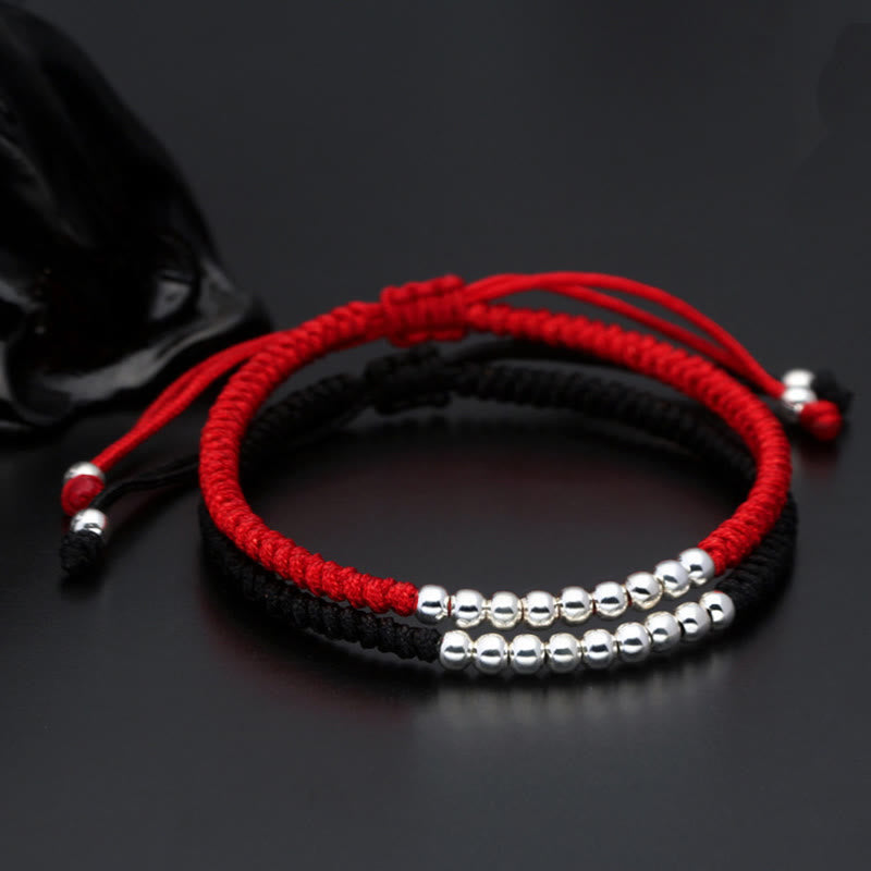 Wear FengShui Retro 925 Sterling Silver Simple Beads Knot Design Luck String Bracelet