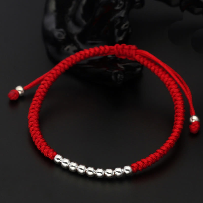 Wear FengShui Retro 925 Sterling Silver Simple Beads Knot Design Luck String Bracelet