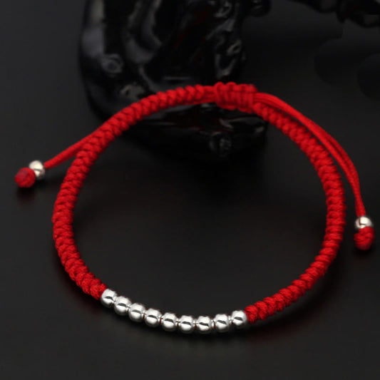 Wear FengShui Retro 925 Sterling Silver Simple Beads Knot Design Luck String Bracelet