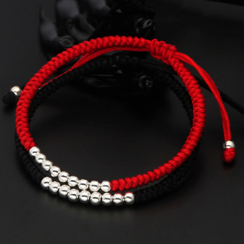 Wear FengShui Retro 925 Sterling Silver Simple Beads Knot Design Luck String Bracelet