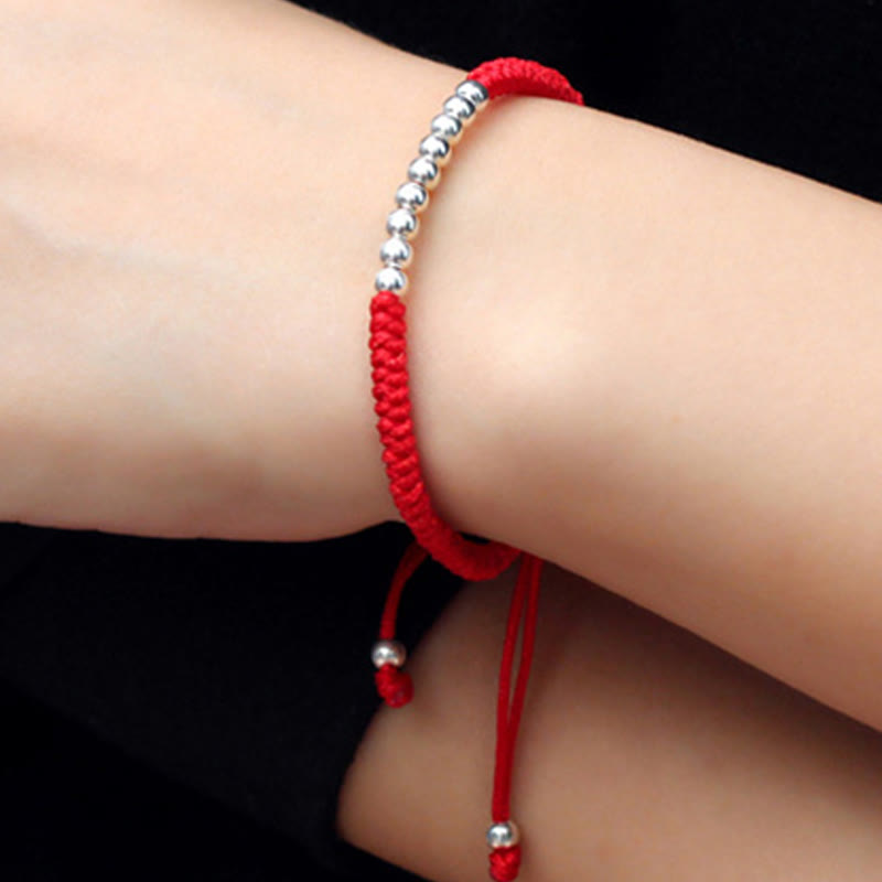 Wear FengShui Retro 925 Sterling Silver Simple Beads Knot Design Luck String Bracelet