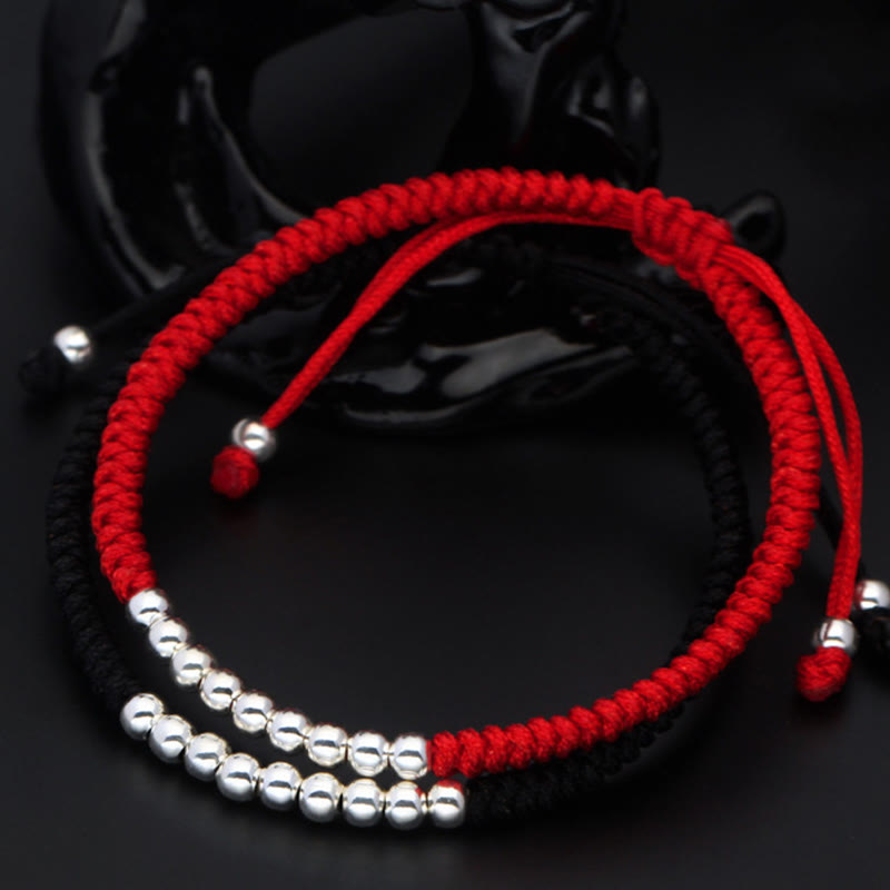Wear FengShui Retro 925 Sterling Silver Simple Beads Knot Design Luck String Bracelet