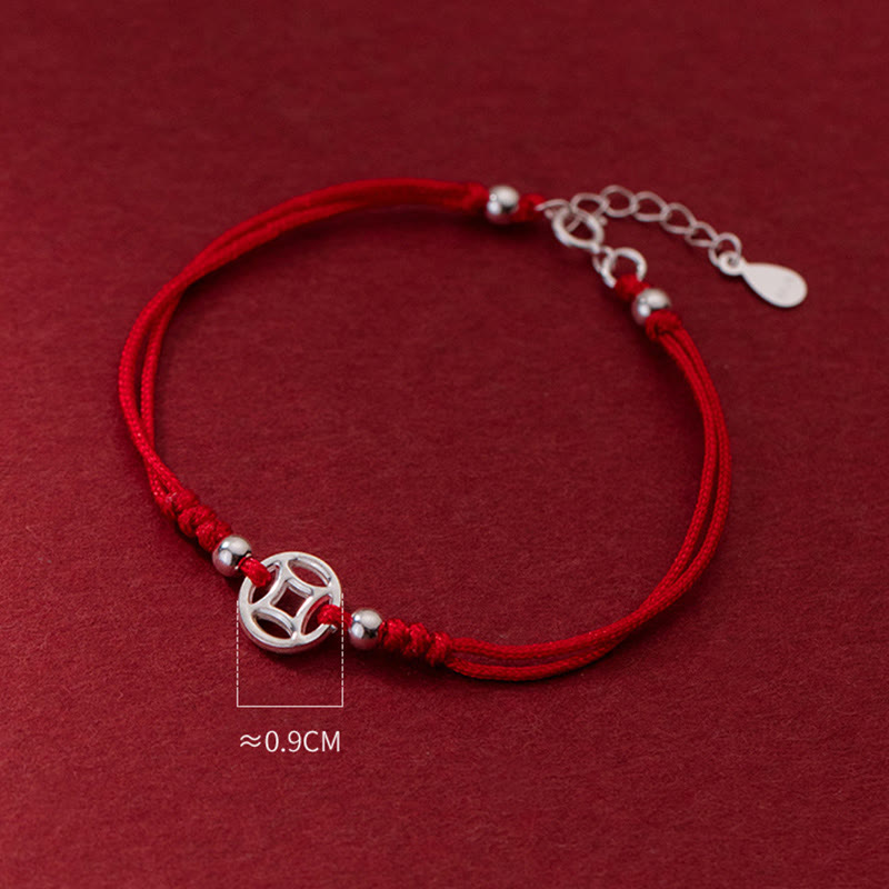 Wear FengShui 925 Sterling Silver Hollow Copper Coin Luck String Bracelet