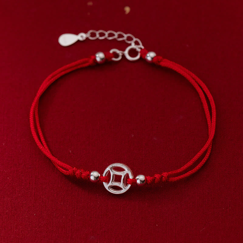 Wear FengShui 925 Sterling Silver Hollow Copper Coin Luck String Bracelet