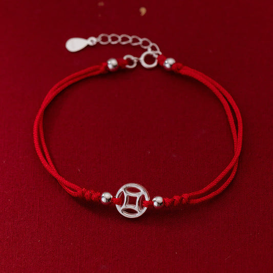 Wear FengShui 925 Sterling Silver Hollow Copper Coin Luck String Bracelet