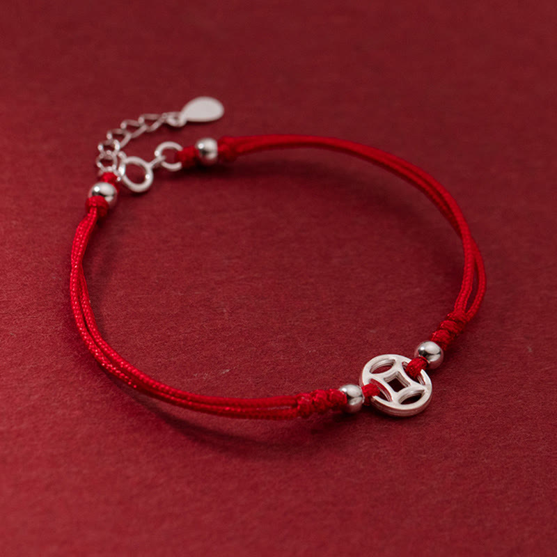 Wear FengShui 925 Sterling Silver Hollow Copper Coin Luck String Bracelet