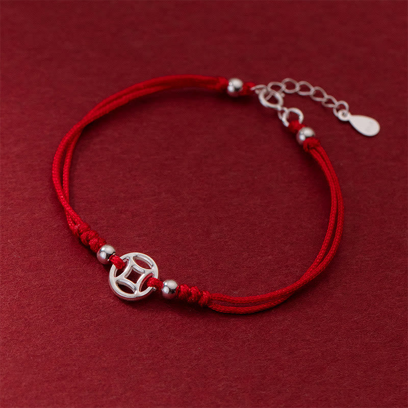 Wear FengShui 925 Sterling Silver Hollow Copper Coin Luck String Bracelet