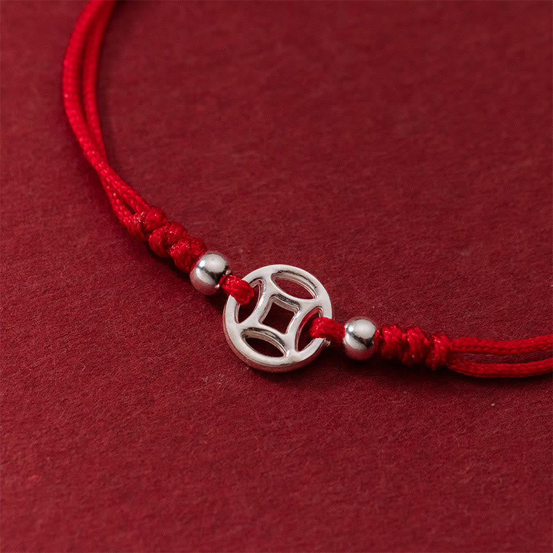 Wear FengShui 925 Sterling Silver Hollow Copper Coin Luck String Bracelet