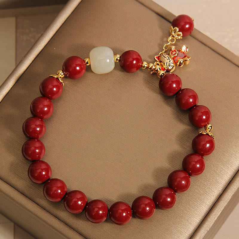 Wear FengShui Natural Lucky Cat Pendant Cinnabar Blessing Bracelet