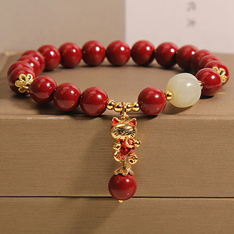 Wear FengShui Natural Lucky Cat Pendant Cinnabar Blessing Bracelet