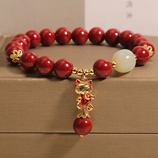 Wear FengShui Natural Lucky Cat Pendant Cinnabar Blessing Bracelet