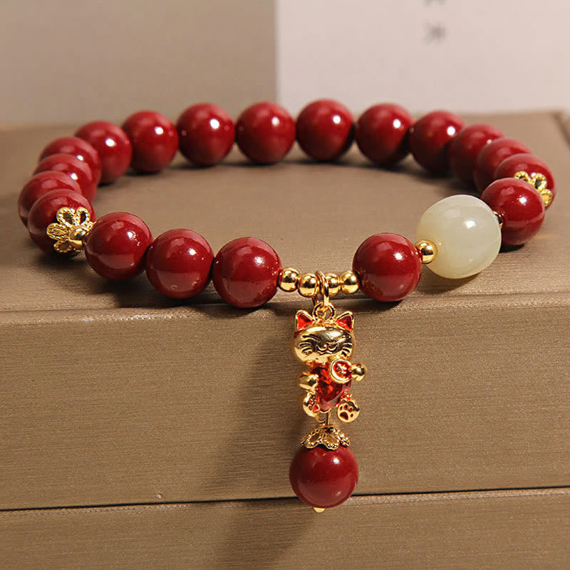 Wear FengShui Natural Lucky Cat Pendant Cinnabar Blessing Bracelet