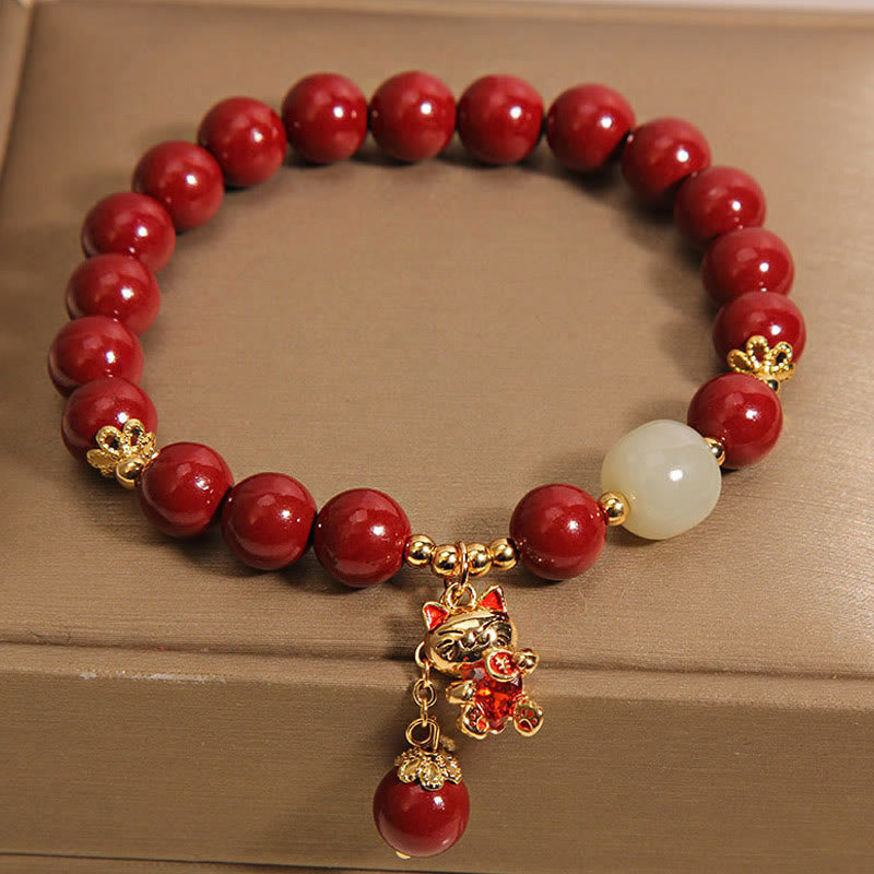 Wear FengShui Natural Lucky Cat Pendant Cinnabar Blessing Bracelet