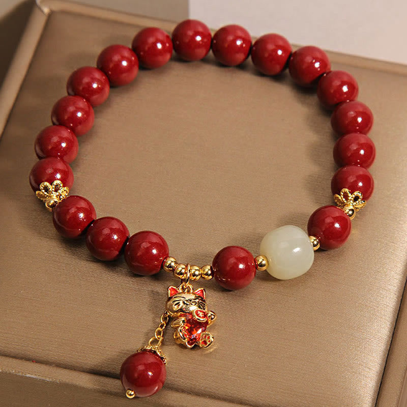 Wear FengShui Natural Lucky Cat Pendant Cinnabar Blessing Bracelet