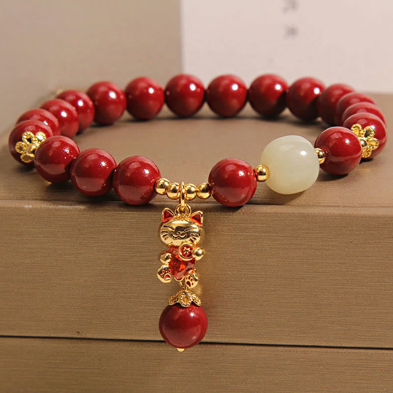 Wear FengShui Natural Lucky Cat Pendant Cinnabar Blessing Bracelet
