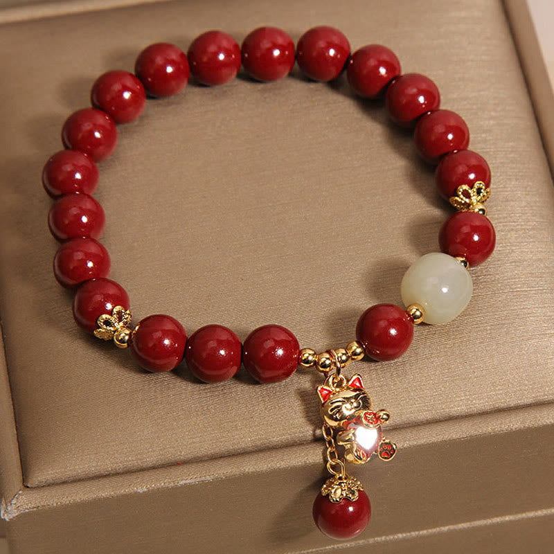 Wear FengShui Natural Lucky Cat Pendant Cinnabar Blessing Bracelet