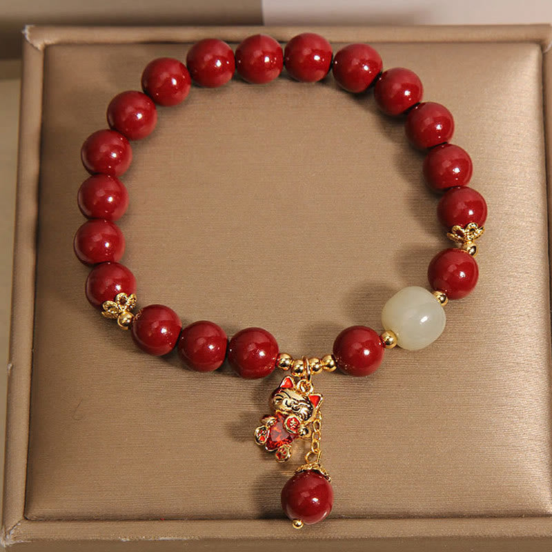 Wear FengShui Natural Lucky Cat Pendant Cinnabar Blessing Bracelet