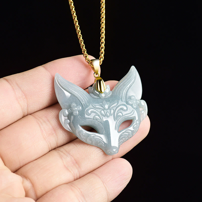 Wear FengShui Fox Mask Jade Titanium Steel Necklace Luck Pendant