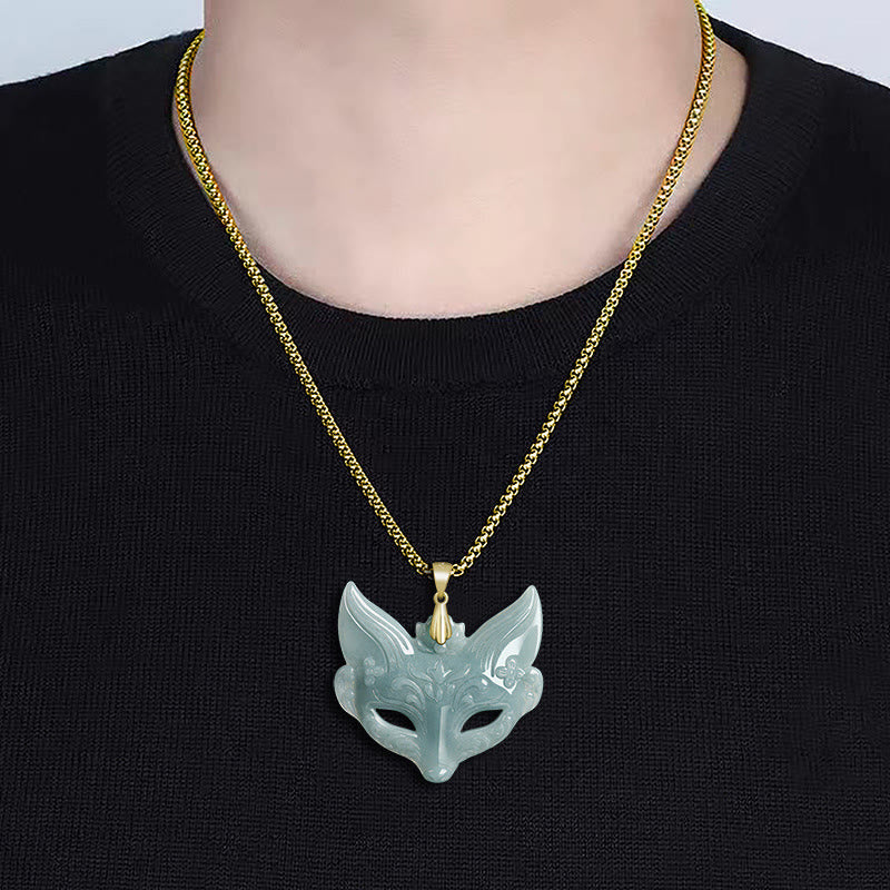 Wear FengShui Fox Mask Jade Titanium Steel Necklace Luck Pendant