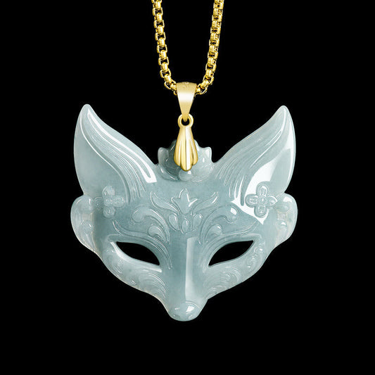 Wear FengShui Fox Mask Jade Titanium Steel Necklace Luck Pendant