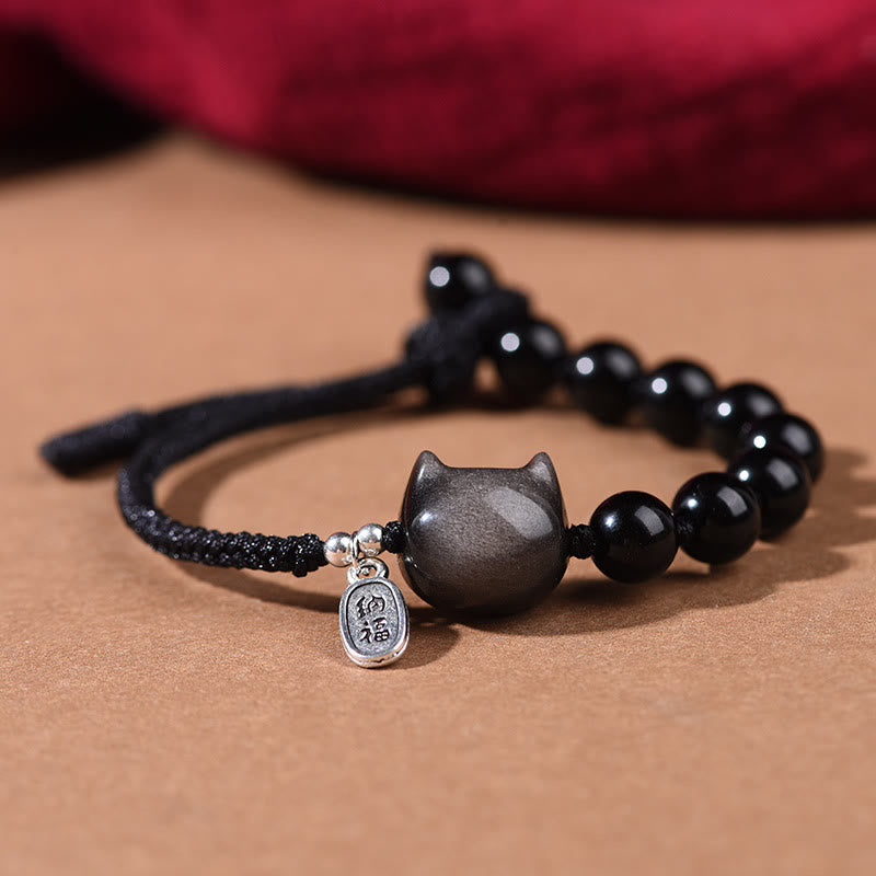 Wear FengShui Black Obsidian Silver Sheen Obsidian Cute Cat Dancing Lion Strength Bracelet