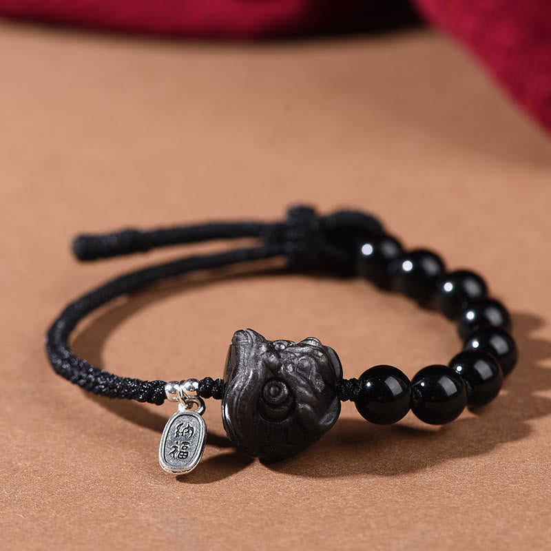 Wear FengShui Black Obsidian Silver Sheen Obsidian Cute Cat Dancing Lion Strength Bracelet