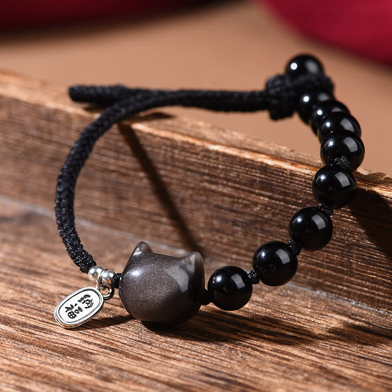 Wear FengShui Black Obsidian Silver Sheen Obsidian Cute Cat Dancing Lion Strength Bracelet